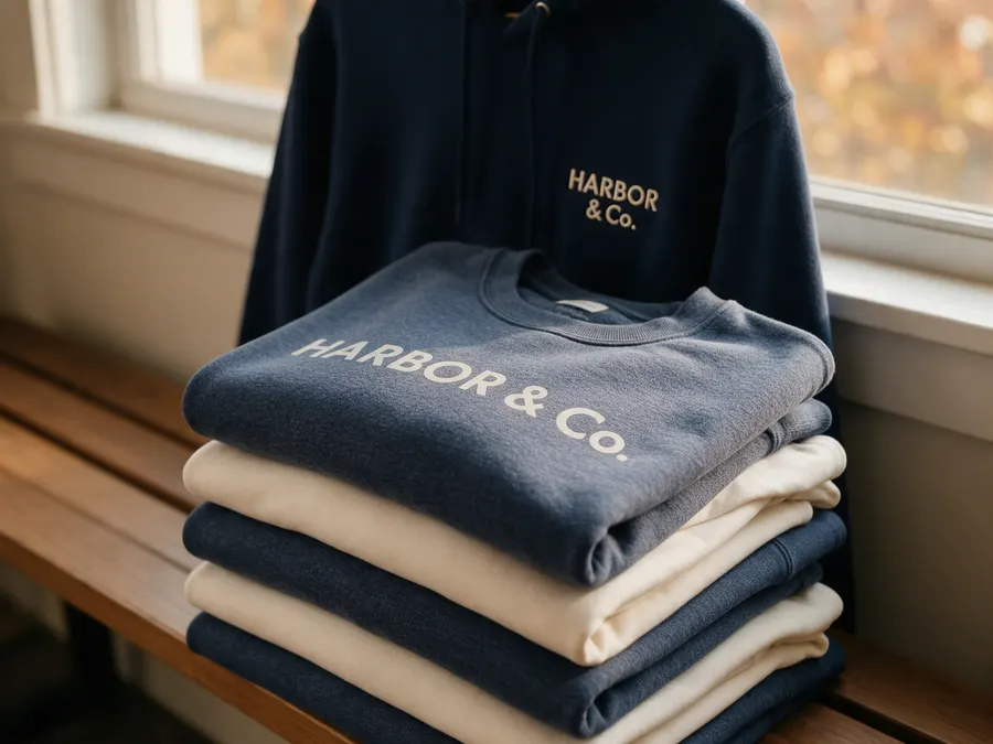 A stack of sweatshirts screen printed with a company logo