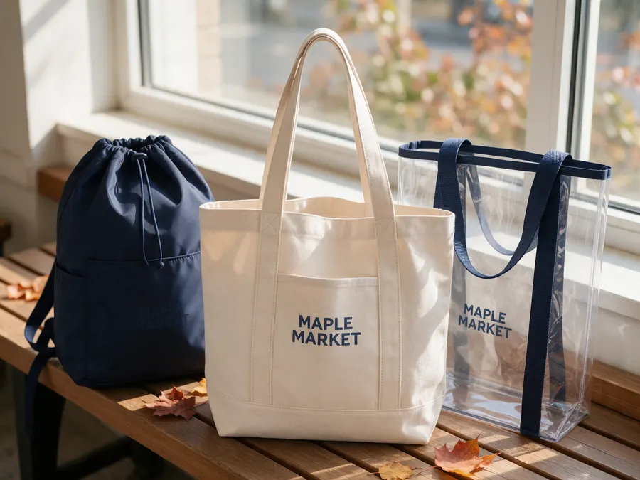 Canvas, clear and drawstring totes printed with a store logo