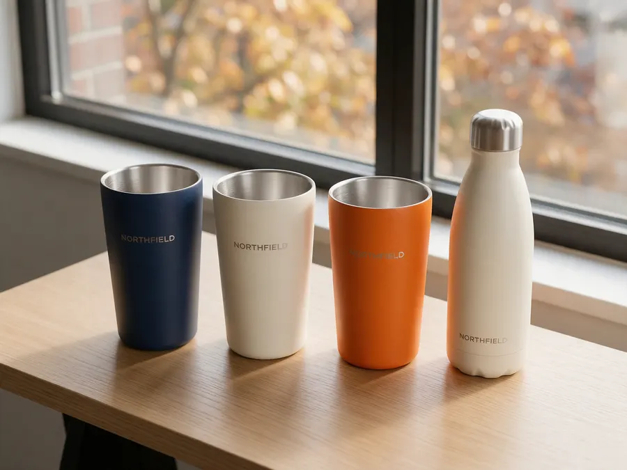 Tumblers and bottles laser engraved with a company logo