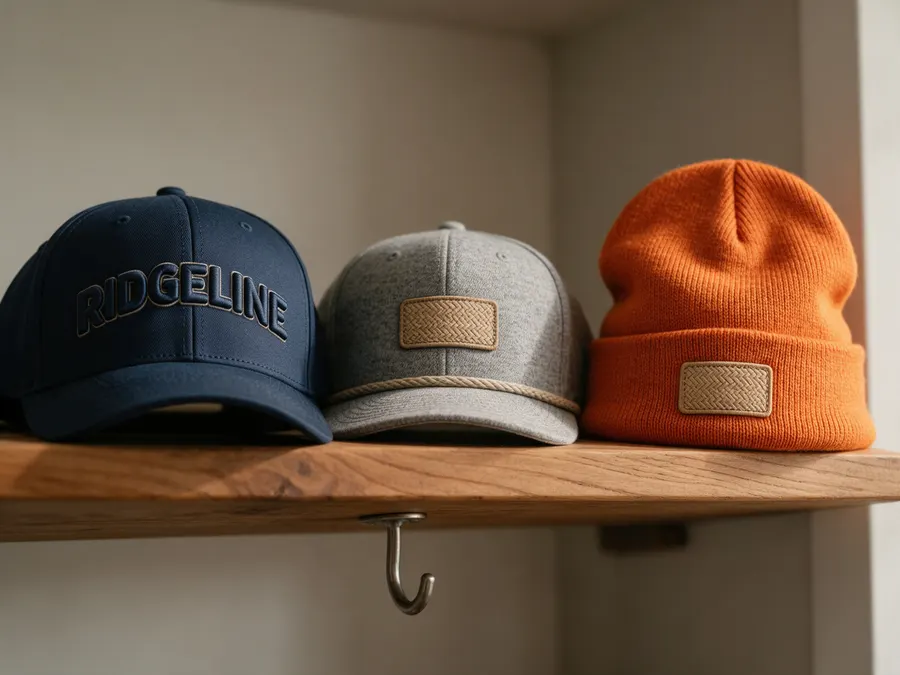 A puff-embroidered cap, a rope cap and a patch beanie on a shelf
