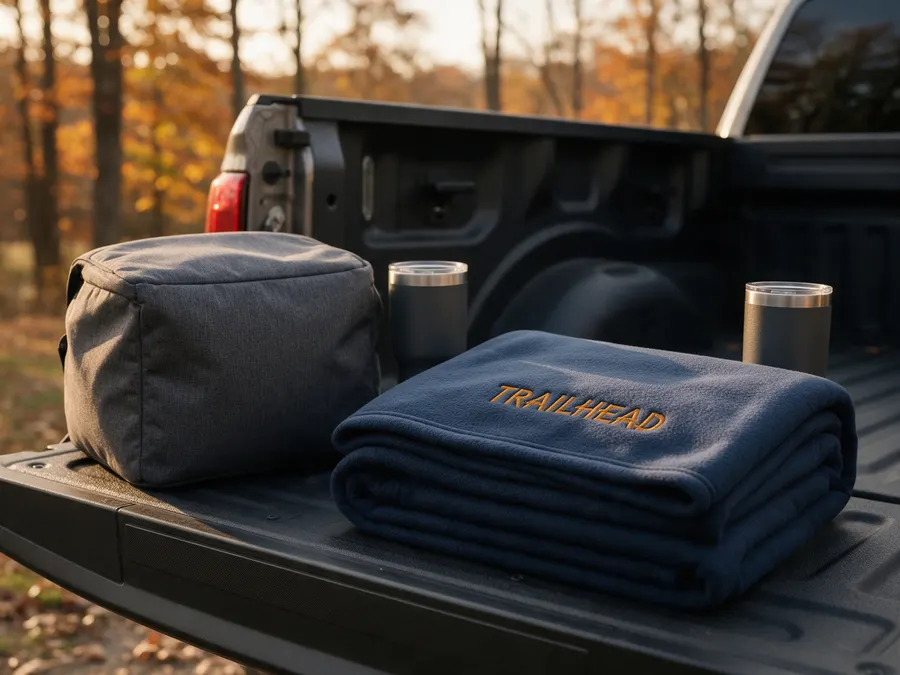 An embroidered stadium blanket and cooler on a tailgate