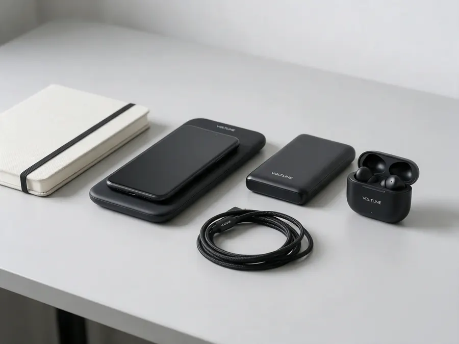 A wireless charger, power bank and earbuds printed with a logo