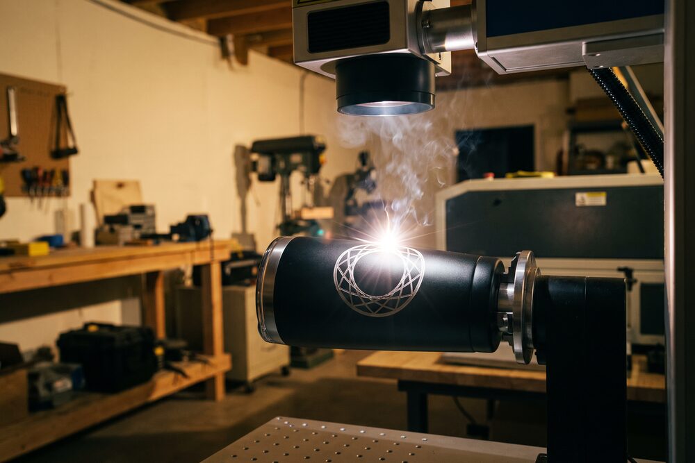 A laser head engraving concentric rings into a dark stainless tumbler