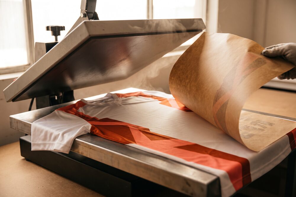 Transfer paper peeling off a heat press to reveal an orange print dyed into a white jersey